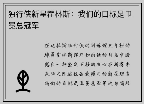 独行侠新星霍林斯：我们的目标是卫冕总冠军